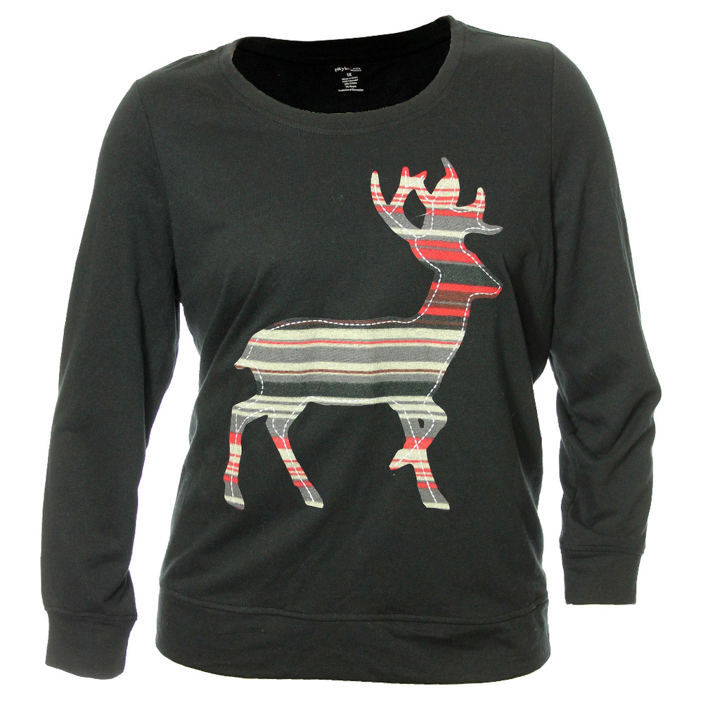 1x 2x 3x Black Long Sleeve Reindeer Applique Shirt Tee Style & Co NEW w/ Tags